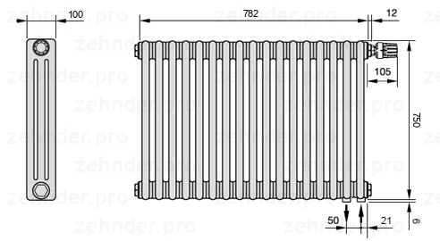 Схема (чертеж) Радиатор Zehnder Charleston 3075/17 №V002 Белый глянцевый RAL 9016
